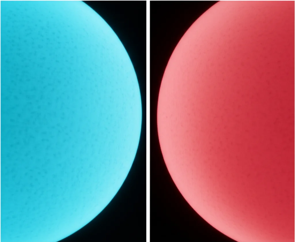 Confronto fianco a fianco di due sfere trasparenti illuminate internamente: la sfera sinistra ha uno strato isolante esterno di spessore perfettamente uniforme (radiale), colorato di blu freddo. La sfera destra ha uno strato isolante non uniforme, visibilmente più spesso su un lato, colorato con un gradiente dal blu al rosso caldo per indicare la variazione. Wide-angle lens, 20mm, sharp focus, illuminazione drammatica laterale per evidenziare le texture e le differenze di spessore.