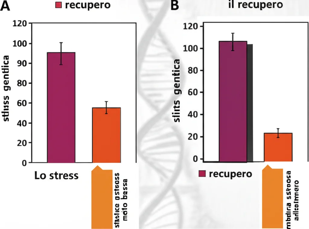 Immagine fotorealistica concettuale che mostra due grafici a barre affiancati. Un grafico (ST) mostra una barra alta per lo stress e una molto bassa per il recupero. L'altro grafico (SS) mostra una barra alta per lo stress e una barra ancora relativamente alta per il recupero. Sullo sfondo, una rappresentazione stilizzata ma realistica di doppie eliche di DNA. L'immagine simboleggia la diversa risposta genetica (numero di geni differenzialmente espressi) tra i due genotipi.