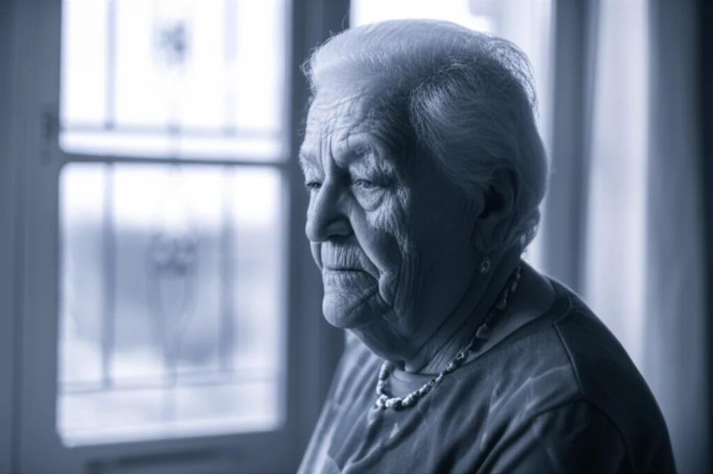 Fotografia ritratto di una persona anziana pensierosa (sui 70 anni) che guarda fuori da una finestra, sfondo leggermente sfocato per suggerire incertezza, obiettivo 35mm, profondità di campo, tonalità duotone blu e grigio per trasmettere introspezione e vulnerabilità.