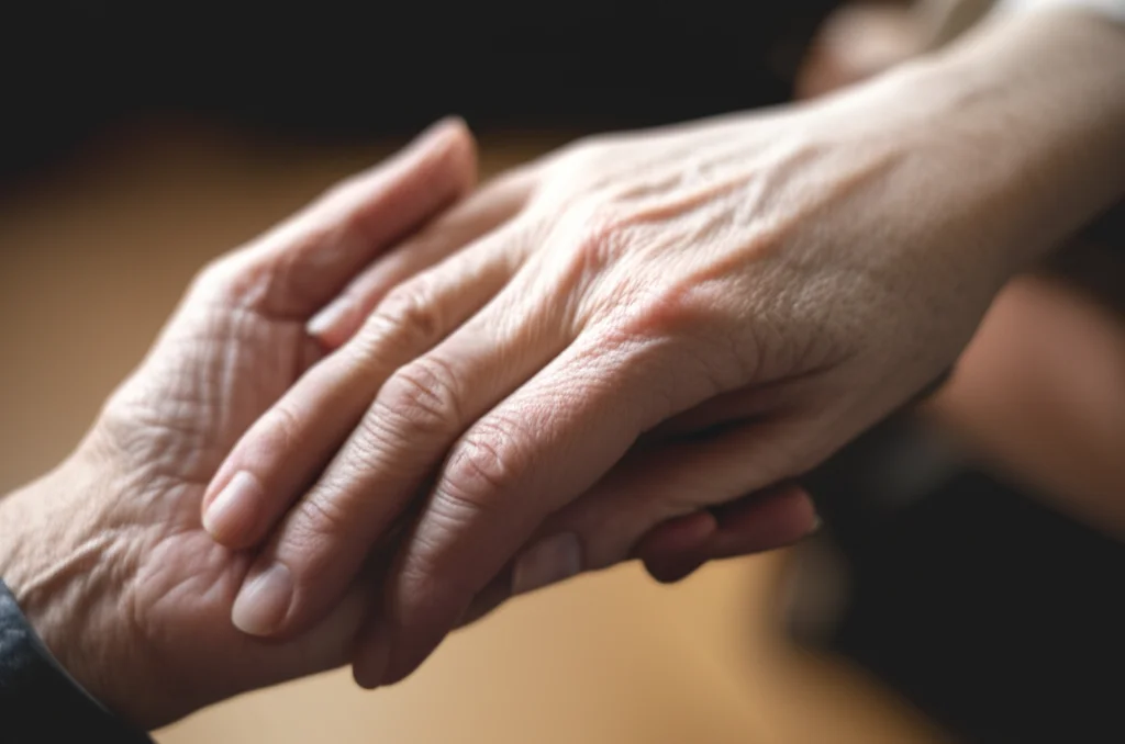 Fotografia macro della mano di una persona anziana tenuta delicatamente dalla mano di una persona più giovane, trasmettendo supporto e cura, obiettivo macro 90mm, alta definizione, illuminazione morbida e controllata.