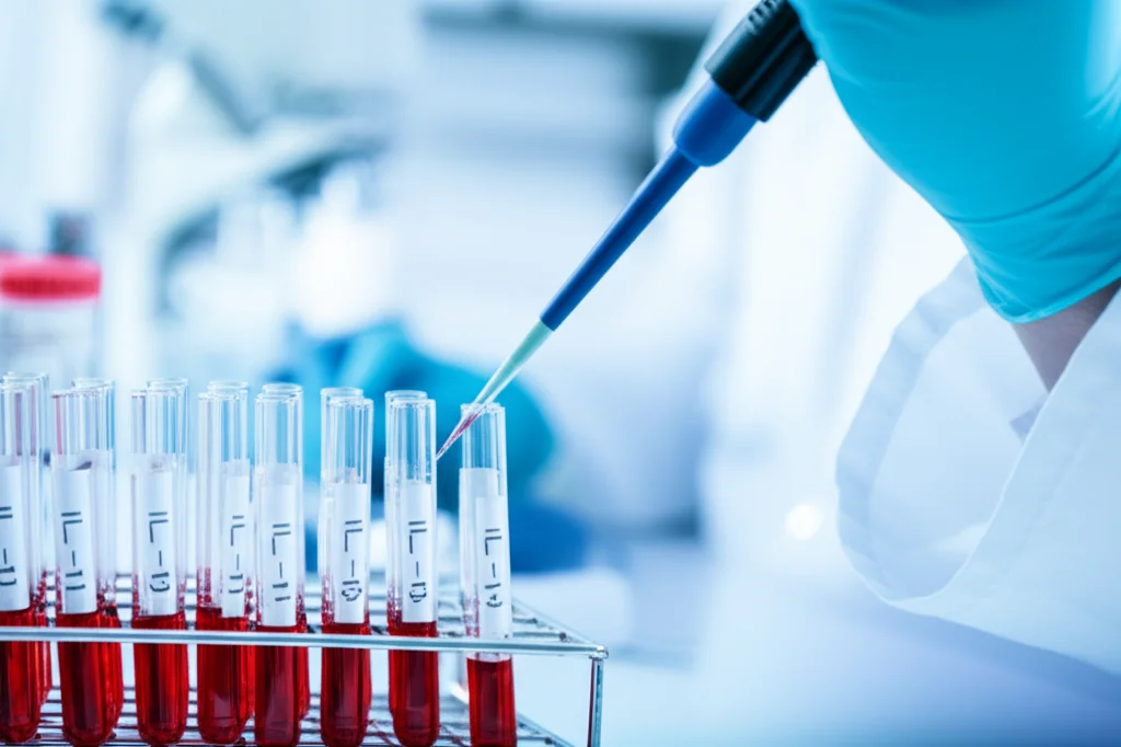 Primo piano di un tecnico di laboratorio che analizza campioni di sangue con una pipetta e provette contenenti biomarcatori infiammatori (es. IL-6, IL-10), sfondo sfocato di laboratorio, obiettivo macro 60mm, illuminazione precisa.