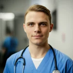 Healthy volunteer participating in a clinical trial, 35mm portrait, depth of field, controlled lighting.
