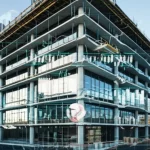 Photorealistic image of a modern, sustainable building under construction with digital overlays showing data analysis, wide-angle lens, 24mm, long exposure, sharp focus