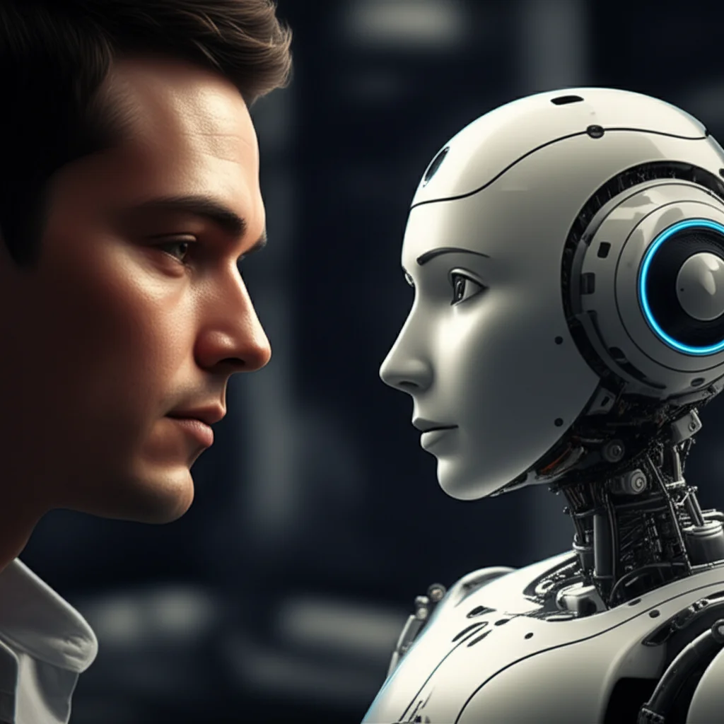 A close-up portrait of a human and a sophisticated conversational robot making eye contact, 35mm portrait, depth of field.