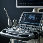 A state-of-the-art ultrasound machine console with a transvaginal probe, Object focus, 100mm Macro lens, High detail, precise focusing, controlled lighting.