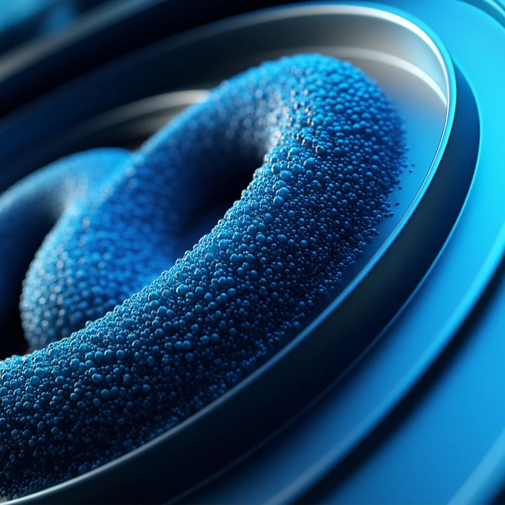 Visualizzazione 3D astratta di un fluido complesso bluastro con micro-particelle rotanti che scorre su una superficie metallica lucida e curva che si estende. Illuminazione drammatica laterale, stile macro, focale 90mm, alta definizione, messa a fuoco precisa sui dettagli del fluido e della superficie curva.