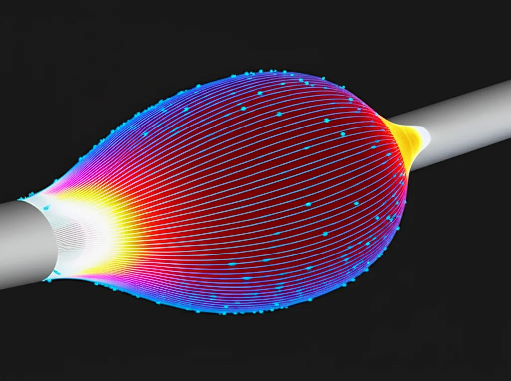 Simulazione computazionale del flusso di un fluido conduttore rosso-arancio che scorre attorno a una forma curva grigia, con linee di campo magnetico bluastre visibili e zone incandescenti che indicano alta radiazione termica. Stile scientifico ma visivamente accattivante, rendering ad alta risoluzione, sfondo scuro.