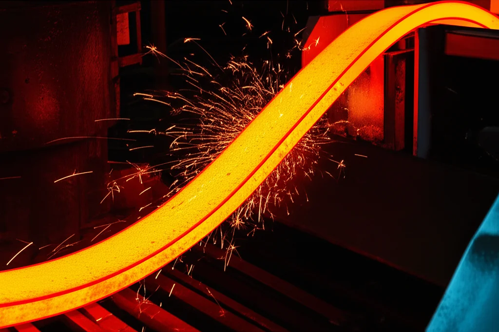 Primo piano di un processo industriale high-tech, forse estrusione di polimeri o lavorazione di metalli liquidi, con un foglio curvo incandescente rosso-arancio e scintille luminose. Teleobiettivo zoom 200mm, fast shutter speed per catturare il movimento dinamico, illuminazione controllata tipica di un ambiente di fabbrica high-tech.