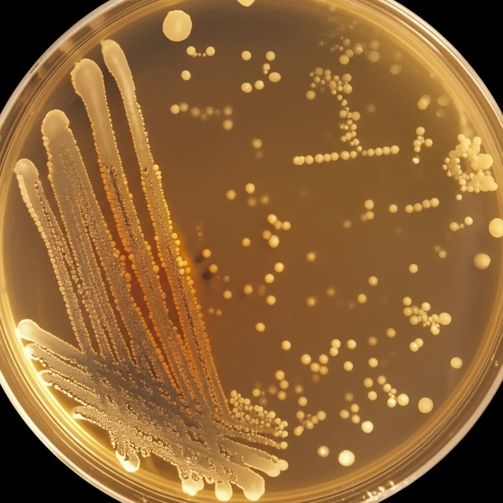 Lenti macro, 85 mm, dettagli elevati, illuminazione controllata, primo piano di diverse colonie batteriche coltivate in una piastra di Petri al microscopio, che rappresenta la complessità del microbiota rinofaringeo influenzato da fattori ambientali.