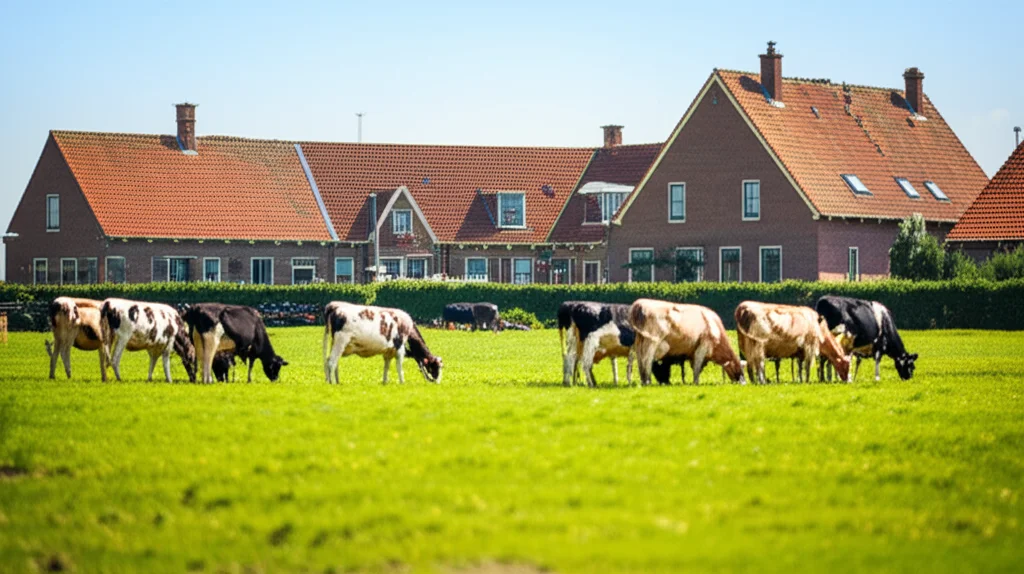 Lente grandangolare, 15 mm, focus acuto, fotografia paesaggistica che cattura un ambiente olandese rurale con agricoltori di bestiame visibili sotto un cielo chiaro, sottolineando la vicinanza delle aree residenziali alle attività agricole.