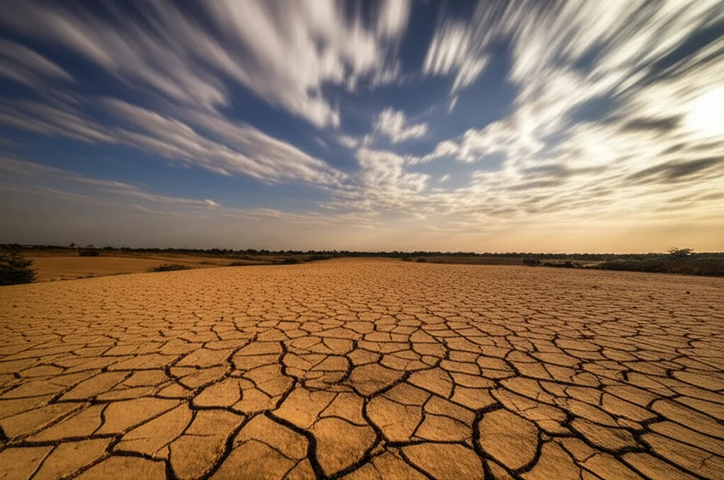 Paesaggio semi-arido della regione centrale del Maharashtra, India, con terreno secco e screpolato in primo piano sotto un cielo parzialmente nuvoloso. Fotografia paesaggistica, obiettivo grandangolare 15mm, messa a fuoco nitida, luce naturale del tardo pomeriggio, long exposure per nuvole leggermente mosse.