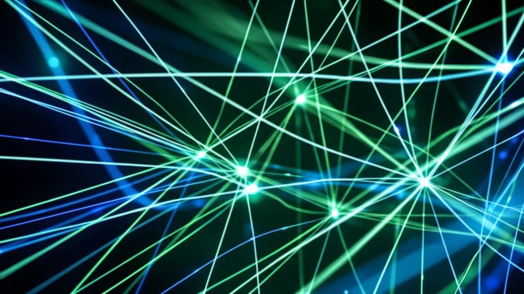 Visualizzazione astratta di reti neurali e flussi di dati digitali su sfondo scuro, con linee luminose che si connettono. Macro lens 90mm, high detail, precise focusing, controlled lighting, colori dominanti blu elettrico e verde acqua.