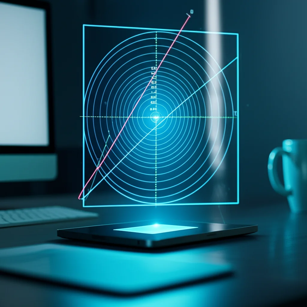 Grafico Taylor Diagram stilizzato e luminoso proiettato olograficamente sopra una scrivania high-tech. Obiettivo prime 50mm, profondità di campo ridotta, illuminazione controllata con riflessi ambientali, colori cyano e magenta.