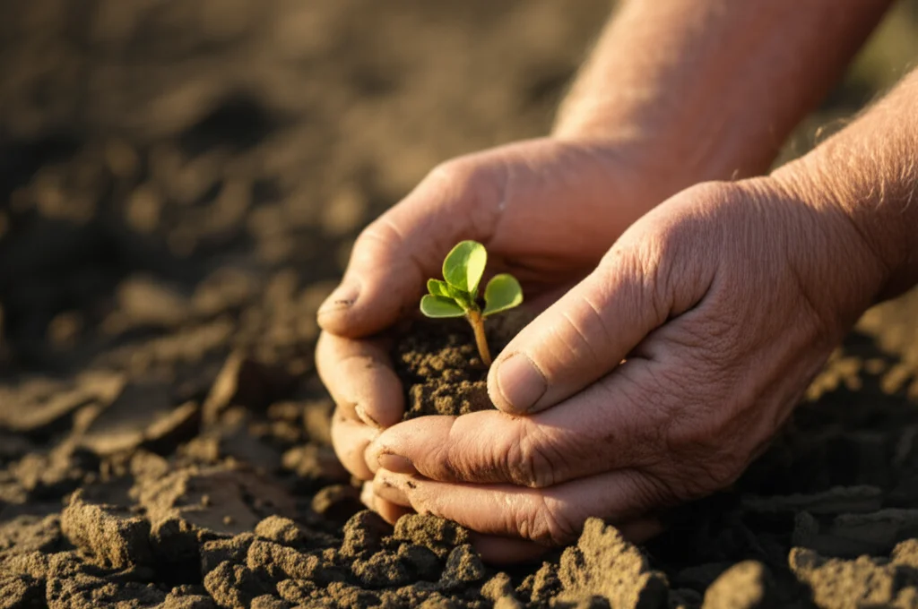 Primo piano di mani di un agricoltore che sorreggono delicatamente un piccolo germoglio verde che spunta da terra arida e screpolata. Macro lens 100mm, high detail, precise focusing, luce calda del mattino, sfondo sfocato.