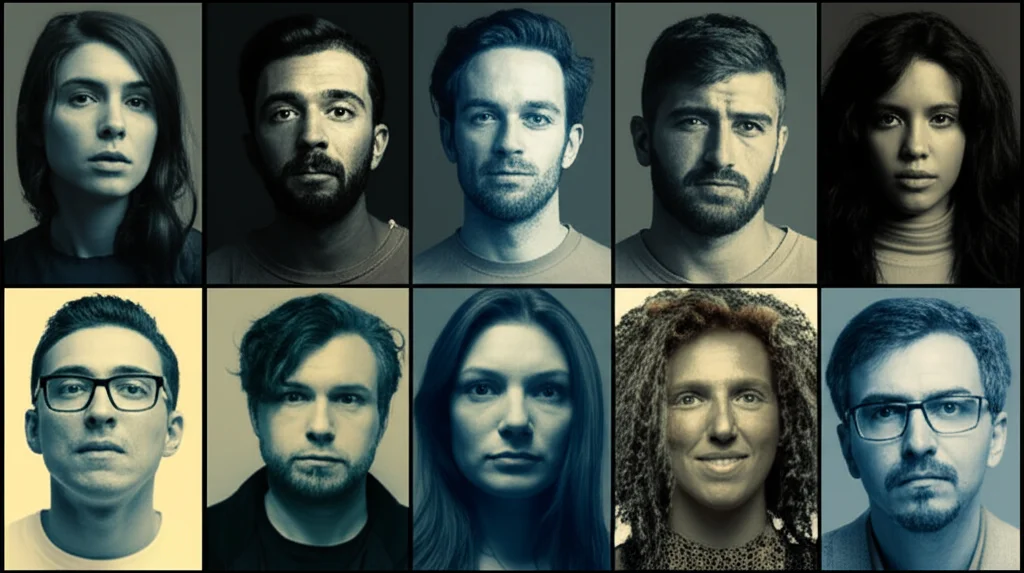 Un collage di volti di persone provenienti da diverse parti del mondo (Egitto, Brasile, Australia, Israele, Giappone), ognuno con un'espressione che riflette diversi livelli di disagio o benessere. Utilizzare un obiettivo 35mm per un ritratto di gruppo, con colori duotone (seppia e ciano) per dare un'atmosfera emotiva e universale, profondità di campo media.
