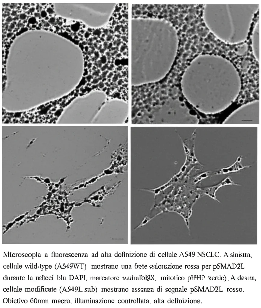 Microscopia a fluorescenza ad alta definizione di cellule A549 NSCLC. A sinistra, cellule wild-type (A549WT) mostrano una forte colorazione rossa per pSMAD2L durante la mitosi (nuclei blu DAPI, marcatore mitotico pHH3 verde). A destra, cellule modificate (A549Lsub) mostrano assenza di segnale pSMAD2L rosso. Obiettivo 60mm macro, illuminazione controllata, alta definizione.