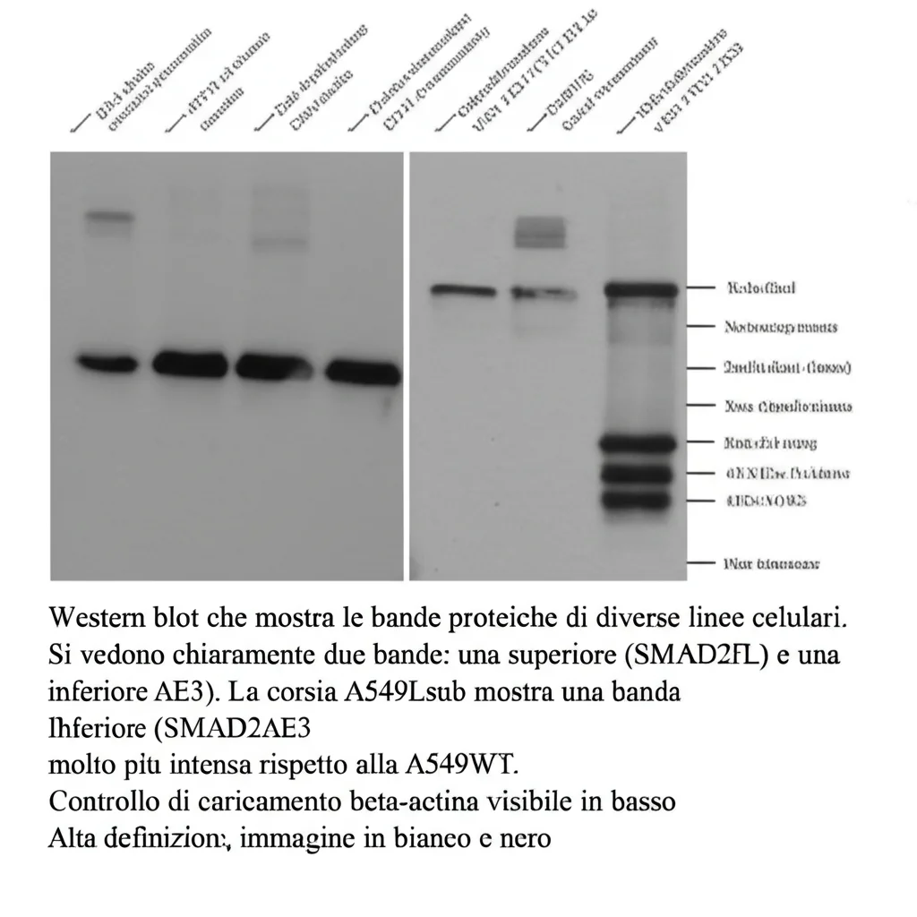 Western blot che mostra le bande proteiche di SMAD2 in diverse linee cellulari. Si vedono chiaramente due bande: una superiore (SMAD2FL) e una inferiore (SMAD2ΔE3). La corsia A549Lsub mostra una banda SMAD2ΔE3 molto più intensa rispetto alla A549WT. Controllo di caricamento beta-actina visibile in basso. Alta definizione, immagine in bianco e nero.