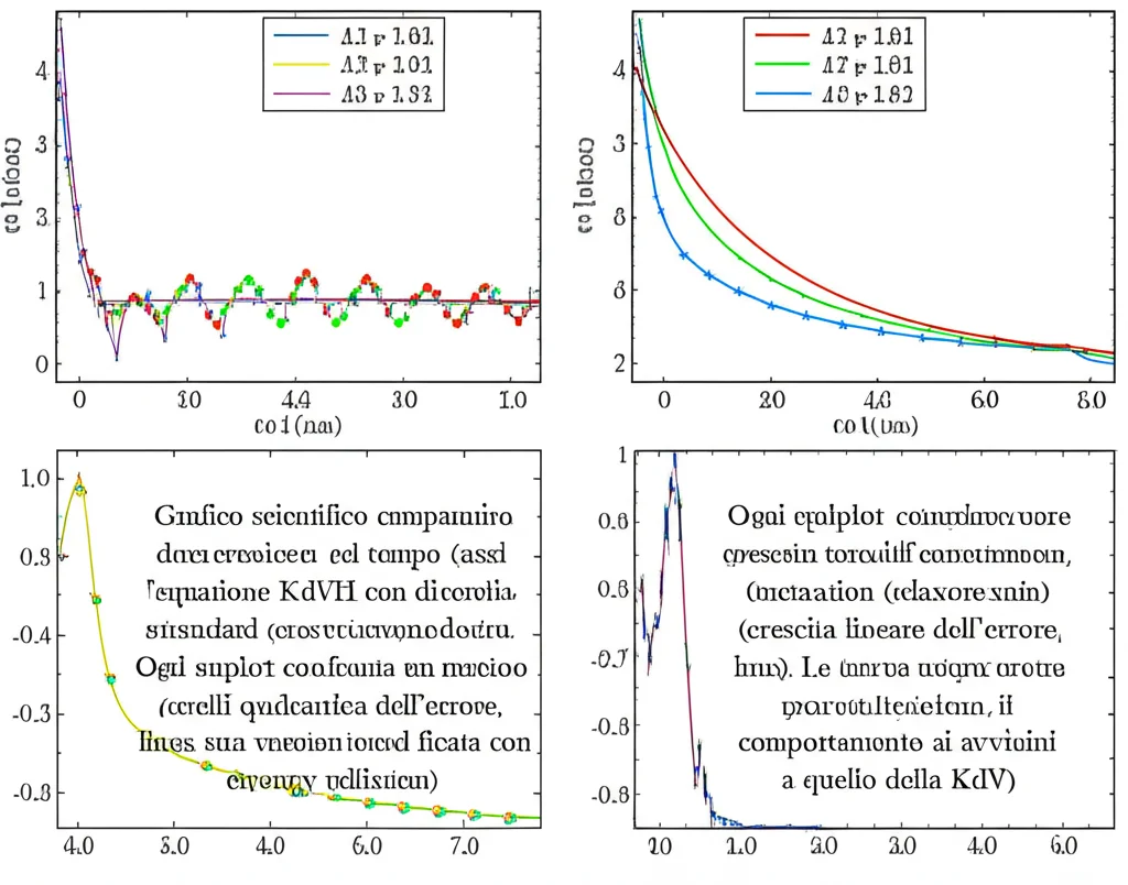 Grafico scientifico comparativo della crescita dell'errore nel tempo (assi log-log) per l'equazione KdVH con diversi valori di tau. Ogni subplot confronta un metodo numerico standard (crescita quadratica dell'errore, linea rossa) con la sua versione modificata con entropy relaxation (crescita lineare dell'errore, linea blu). Le curve mostrano come per tau piccolo, il comportamento si avvicini a quello della KdV. Visualizzazione dati, alta precisione, etichette chiare.