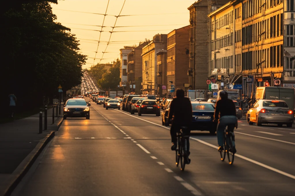Fotografia realistica di una strada trafficata in una città fiamminga al tramonto. Metà strada mostra auto incolonnate, l'altra metà una pista ciclabile con persone in bicicletta. Obiettivo zoom 35mm, profondità di campo media, contrasto tra la luce calda del tramonto sulla pista ciclabile e le luci fredde dei fari delle auto, stile filmico.