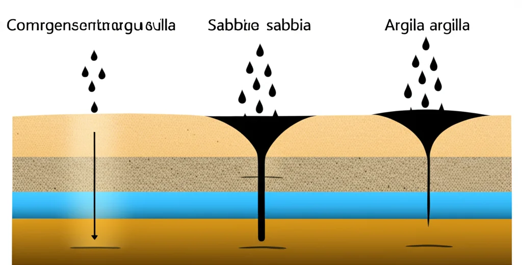 Mappa concettuale stilizzata che illustra come i contaminanti superficiali (simboleggiati da gocce scure) filtrano attraverso diversi strati di suolo (sabbia, argilla) per raggiungere una falda acquifera sotterranea. Illuminazione controllata, focus preciso sui dettagli degli strati, obiettivo macro 90mm.