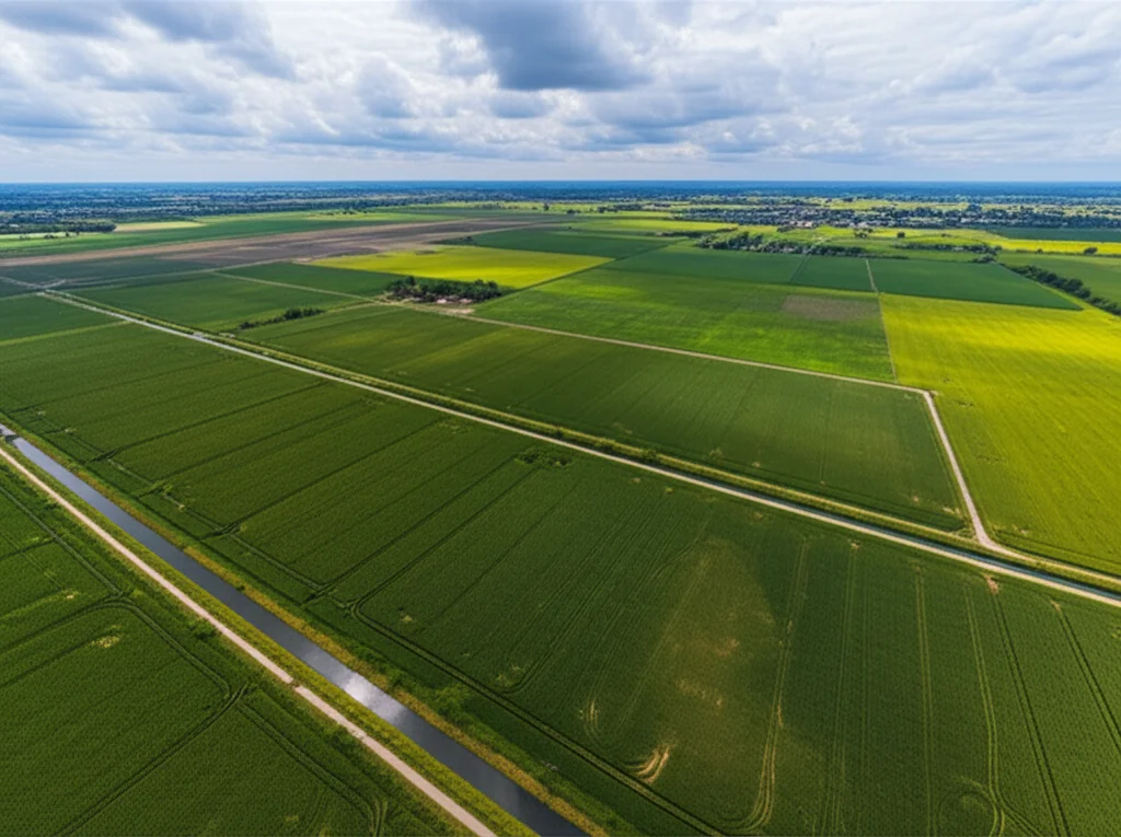 Veduta aerea grandangolare (obiettivo 20mm) di un paesaggio agricolo pianeggiante nel sud-est dell'Ungheria, che mostra campi coltivati (mais, girasole) intersecati da canali di irrigazione sotto un cielo parzialmente nuvoloso. Messa a fuoco nitida su tutto il paesaggio, lunga esposizione per ammorbidire eventuali nuvole.