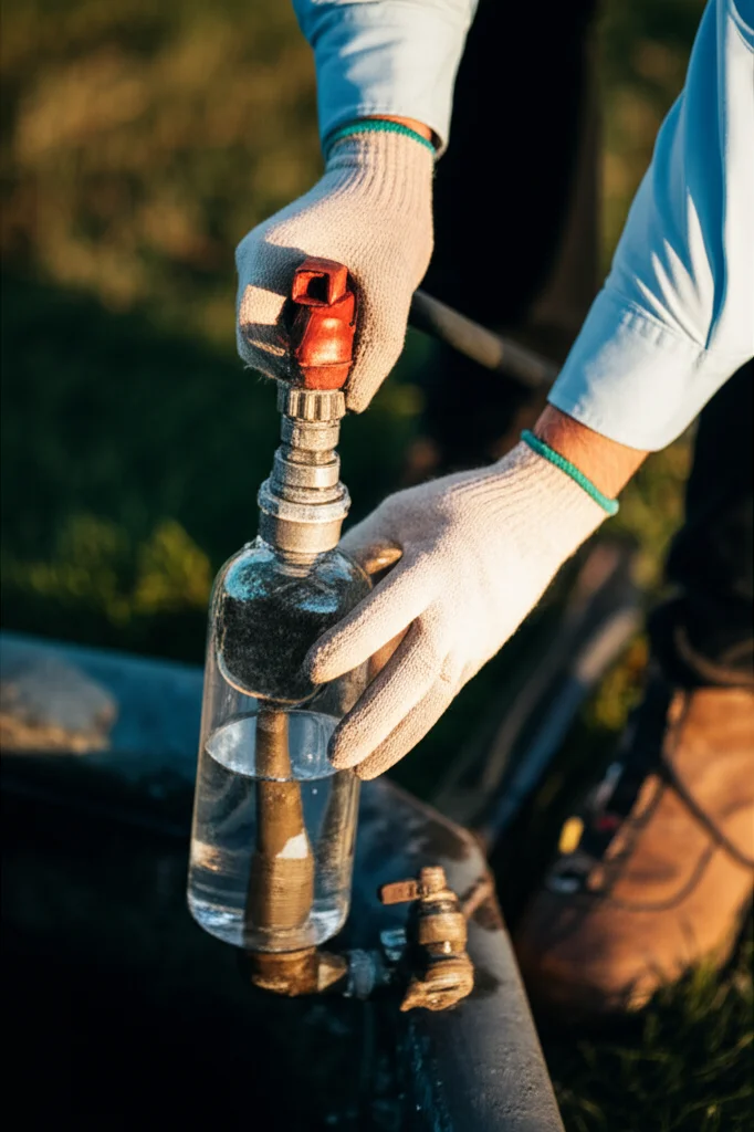 Primo piano di un tecnico che preleva un campione d'acqua da un pozzo agricolo utilizzando una pompa manuale. Dettaglio elevato sulle mani guantate e sull'acqua limpida raccolta in una bottiglia trasparente. Obiettivo macro 100mm, illuminazione naturale morbida del tardo pomeriggio.