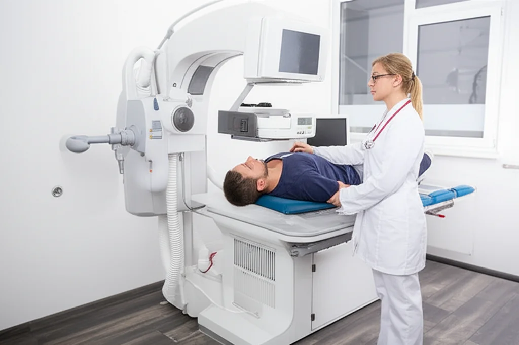 Immagine di una macchina DEXA per la densitometria ossea in una clinica, con un paziente sdraiato, messa a fuoco nitida sulla strumentazione, luce ambientale da studio medico.