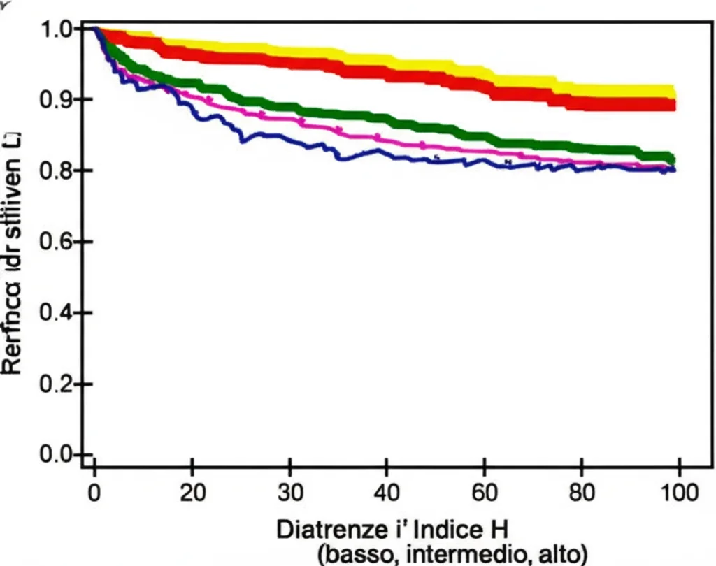 Grafico stilizzato che mostra tre curve di sopravvivenza (Kaplan-Meier) che si separano nettamente nel tempo, rappresentanti i tre gruppi di rischio basati sull'Indice H (basso, intermedio, alto). Colori distinti per ogni curva su sfondo bianco pulito. Wide-angle, 20mm, sharp focus sui dati.