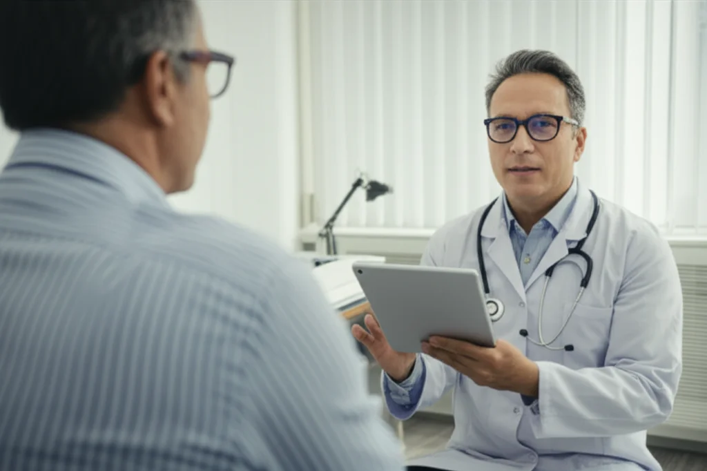 Medico oncologo che discute i risultati di un esame del sangue e il valore dell'Indice H con un paziente in uno studio medico accogliente. Focus sul volto del medico che spiega, con un tablet che mostra dati stilizzati. Prime lens, 35mm, depth of field, luce naturale morbida.