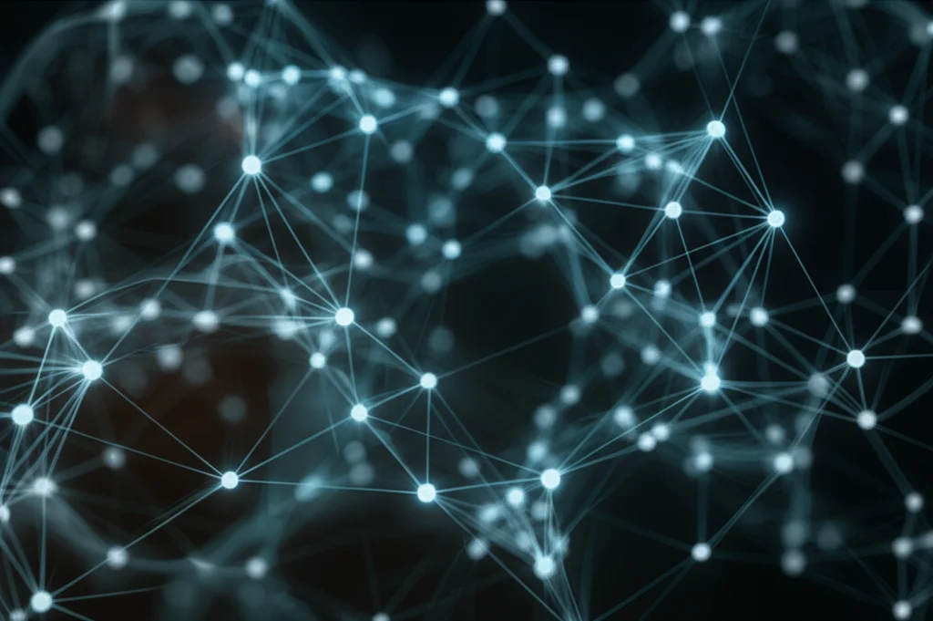 Visualizzazione astratta di una rete neurale profonda (deep learning) con nodi luminosi interconnessi su sfondo scuro, obiettivo macro 100mm, high detail, precise focusing, controlled lighting, rappresentante l'impatto dell'IA sull'analisi del linguaggio.