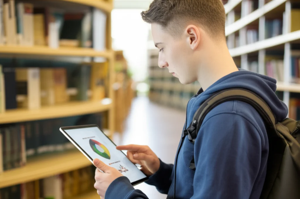 Foto di uno studente che interagisce con un'interfaccia di apprendimento linguistico su un tablet in una biblioteca moderna, obiettivo 50mm prime, luce naturale soffusa, depth of field per isolare lo studente e il tablet, rappresentante le applicazioni educative della linguistica computazionale.