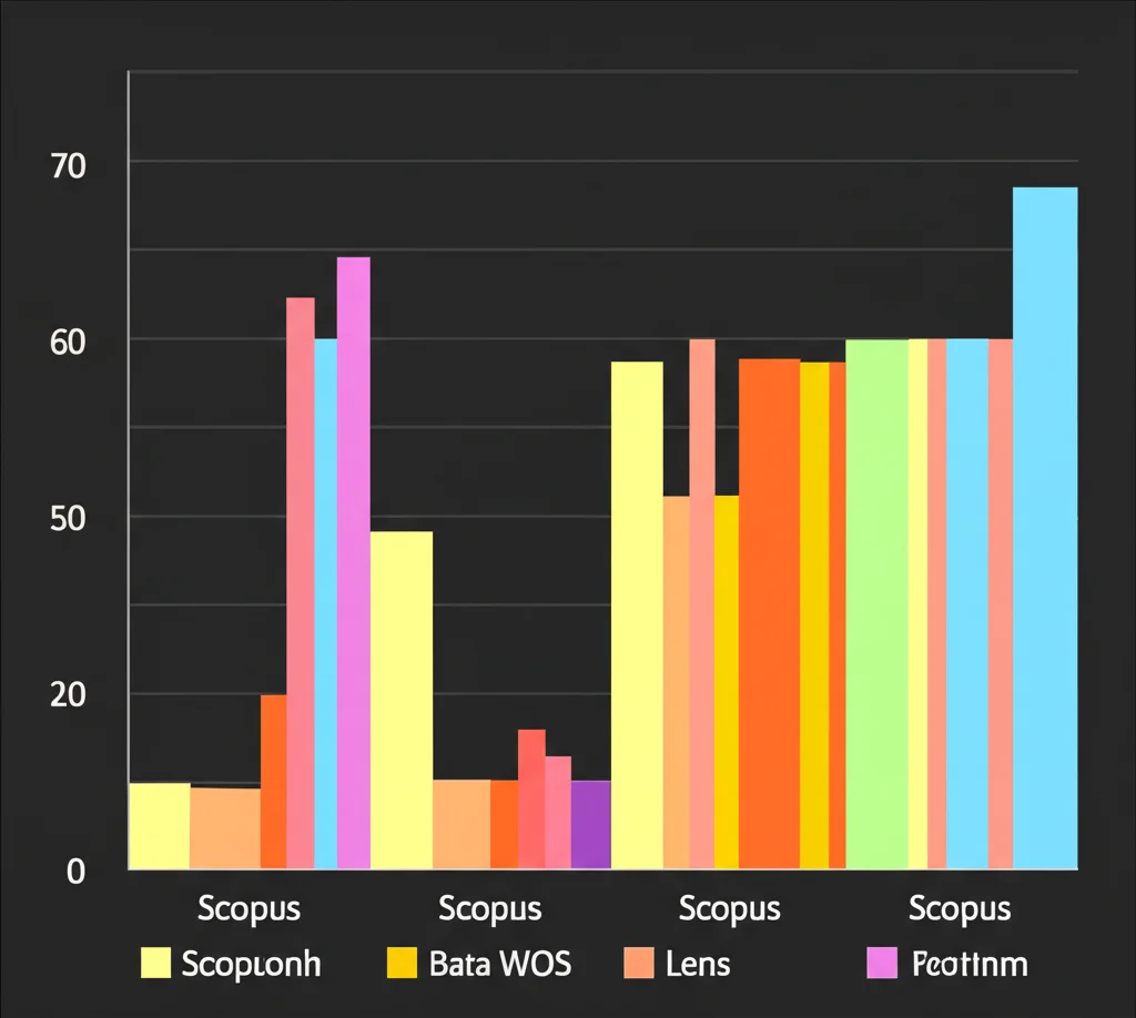 Grafico a barre tridimensionale che mostra la crescita delle pubblicazioni scientifiche nel tempo, con colori vivaci che rappresentano diversi database (Scopus, WOS, Lens), obiettivo 60mm macro, high detail, illuminazione da studio controllata, simboleggiante l'analisi bibliometrica.