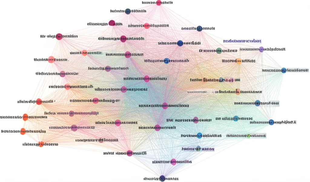 Mappa di rete complessa con cluster colorati che rappresentano diversi temi di ricerca interconnessi nella linguistica computazionale, visualizzazione dati stile VOSviewer, obiettivo grandangolare 20mm, sharp focus, long exposure per linee luminose, rappresentante l'analisi scientometrica dei cluster tematici.