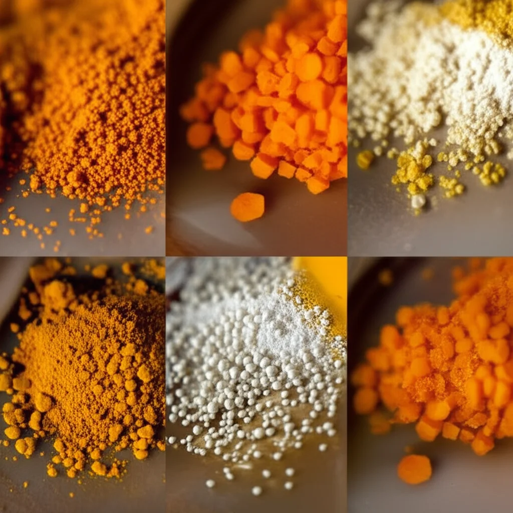 Still Life, macro lente, 100 mm, che mostra piccoli pile dei diversi conservanti usati: polvere di propionato di calcio bianco, polvere di curcumina gialla, scutellaria marrone baicalensis in polvere e cristalli di carbonato di potassio bianco, dettagli elevati, concentrazione precisa sulle trame.