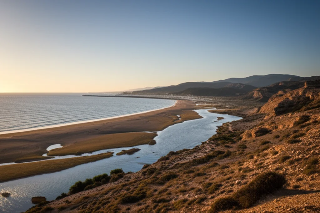 Fotografia paesaggistica grandangolare della costa semi-arida della Spagna sud-orientale, mostrando la transizione tra terra e mare con un delta fluviale visibile, lente grandangolare 15mm, luce del tardo pomeriggio, messa a fuoco nitida.
