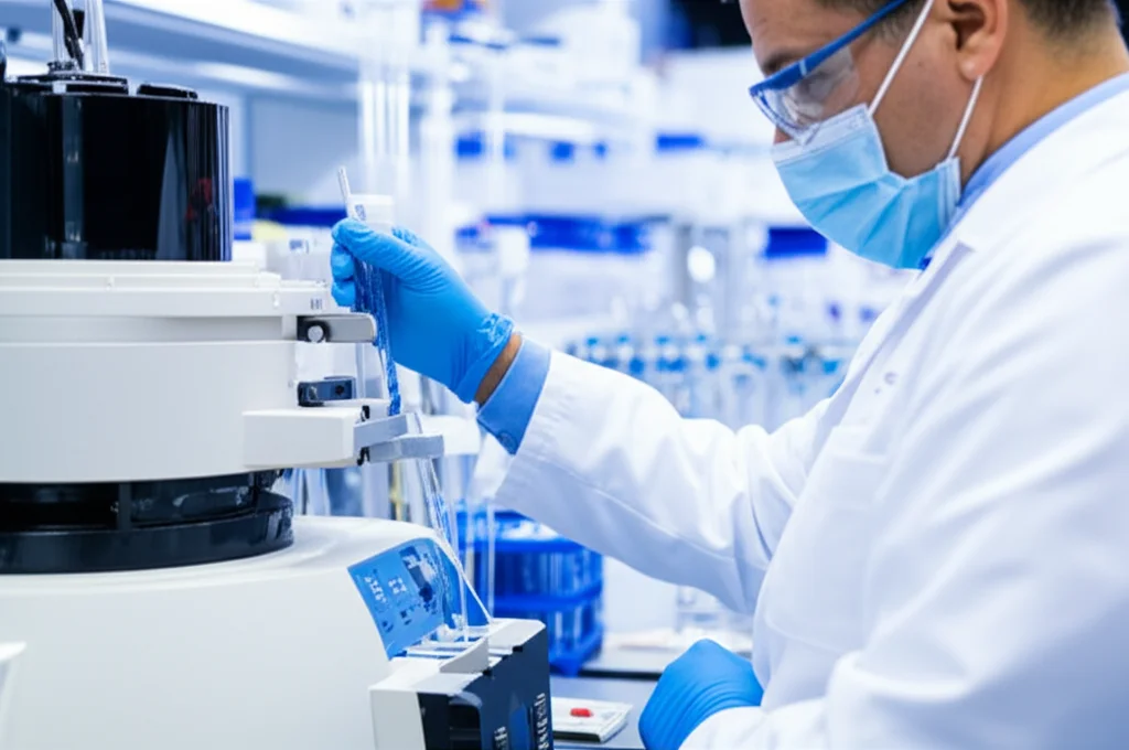 Primo piano di uno scienziato in laboratorio che analizza campioni d'acqua con uno spettrometro di massa, dettagli delle provette e dell'attrezzatura visibili, profondità di campo ridotta, illuminazione da laboratorio, focale 50mm.