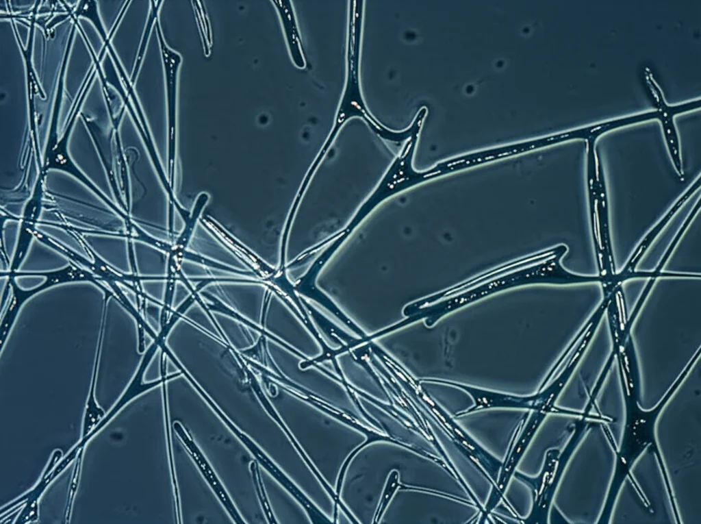 Immagine macrofotografica ad alta definizione di fibroblasti cheloidi in coltura cellulare, illuminazione controllata per evidenziare la morfologia cellulare allungata tipica. Alcune cellule mostrano vescicole lipidiche indicative di stress cellulare. Obiettivo macro 100mm, messa a fuoco precisa sui dettagli cellulari.