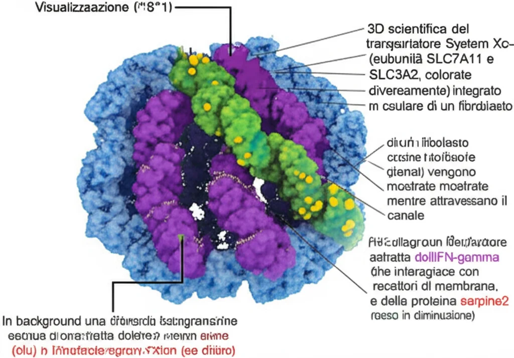 Visualizzazione 3D scientifica del trasportatore System Xc- (subunità SLC7A11 e SLC3A2, colorate diversamente) integrato nella membrana cellulare di un fibroblasto. Molecole di cistina (sfere gialle) vengono mostrate mentre attraversano il canale. In background, una rappresentazione astratta dell'IFN-gamma (blu) che interagisce con recettori di membrana, e della proteina serpine2 (rosso) in diminuzione. Dettagli molecolari accurati, illuminazione che evidenzia il processo di trasporto.