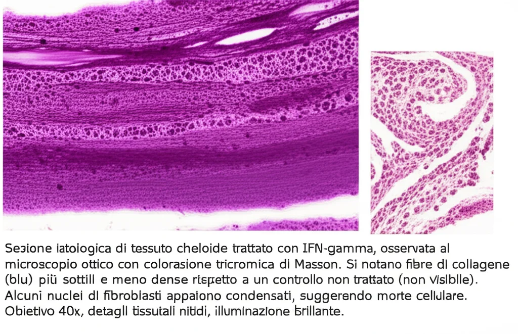 Sezione istologica di tessuto cheloide trattato con IFN-gamma, osservata al microscopio ottico con colorazione tricromica di Masson. Si notano fibre di collagene (blu) più sottili e meno dense rispetto a un controllo non trattato (non visibile). Alcuni nuclei di fibroblasti appaiono condensati, suggerendo morte cellulare. Obiettivo 40x, dettagli tissutali nitidi, illuminazione brillante.