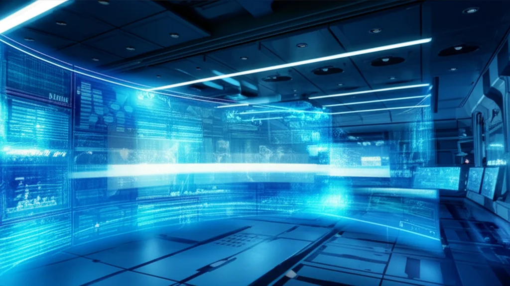 Visualizzazione astratta di flussi di dati energetici su schermi olografici in una sala di controllo futuristica, illuminazione controllata, messa a fuoco precisa sui dettagli dei dati, obiettivo macro 100mm, high detail.