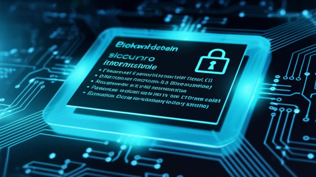 Primo piano di un'interfaccia digitale sicura che mostra una transazione internazionale completata tramite blockchain, con lucchetti digitali e linee di codice stilizzate, illuminazione high-tech controllata, obiettivo macro 85mm, alta definizione.