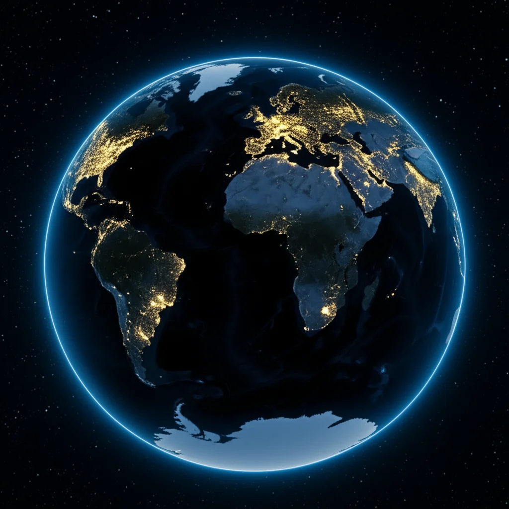 Mappa digitale del mondo illuminata che mostra complesse reti di rotte commerciali e flussi energetici interconnessi tra continenti, vista grandangolare 15mm, lunga esposizione per scie luminose fluide, messa a fuoco nitida sui nodi principali.