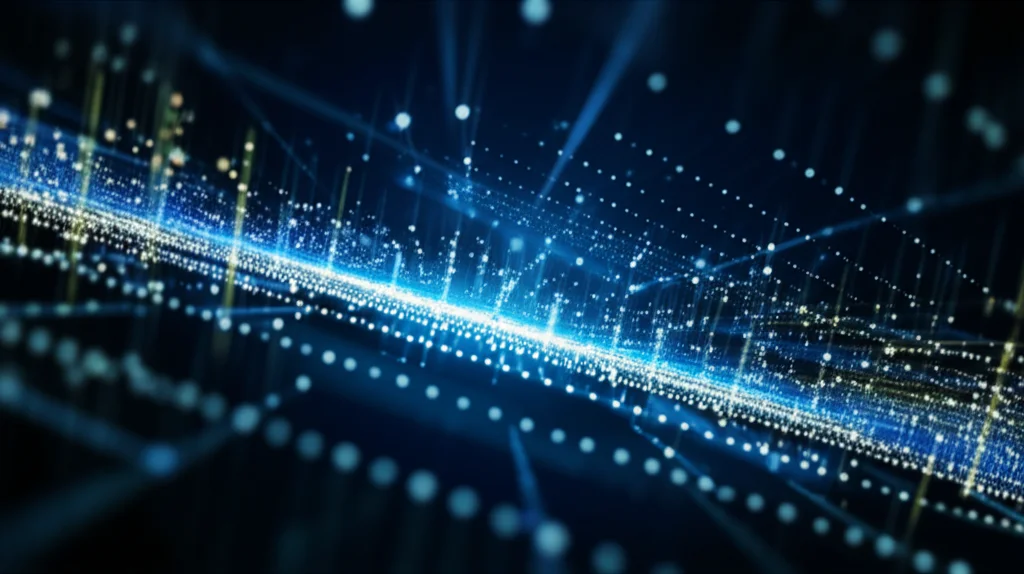Visualizzazione astratta di un complesso set di big data energetici e commerciali, con grafici 3D interconnessi e punti dati luminosi che fluttuano in uno spazio digitale, illuminazione drammatica controllata, obiettivo macro 60mm, alta definizione e messa a fuoco precisa.