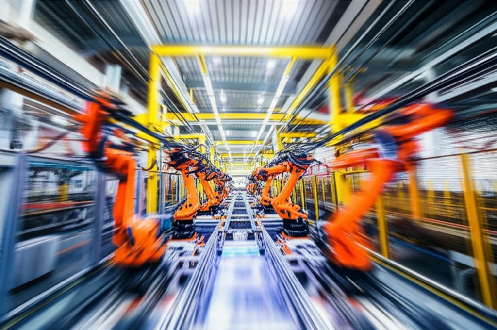 Fotografia grandangolare 15mm di una linea di assemblaggio robotizzata per veicoli elettrici in una moderna fabbrica indiana, lunga esposizione per catturare il movimento fluido dei bracci robotici, focus nitido sui dettagli high-tech, ambiente industriale pulito e luminoso.