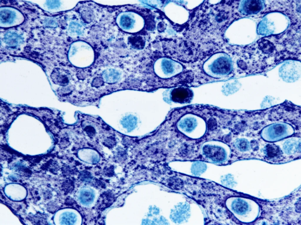 Microscopia ad alta risoluzione di oligodendrociti nel cervello umano, alcuni sani con guaina mielinica intatta, altri che mostrano segni di stress cellulare associati al Parkinson. Obiettivo macro 100mm, illuminazione controllata, alto dettaglio.