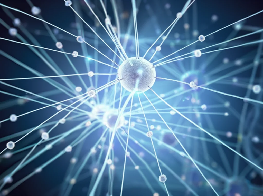 Visualizzazione 3D astratta che rappresenta la comunicazione interrotta tra cellule cerebrali nel Parkinson, con segnali luminosi deboli o interrotti tra oligodendrociti e neuroni. Colori freddi, profondità di campo.