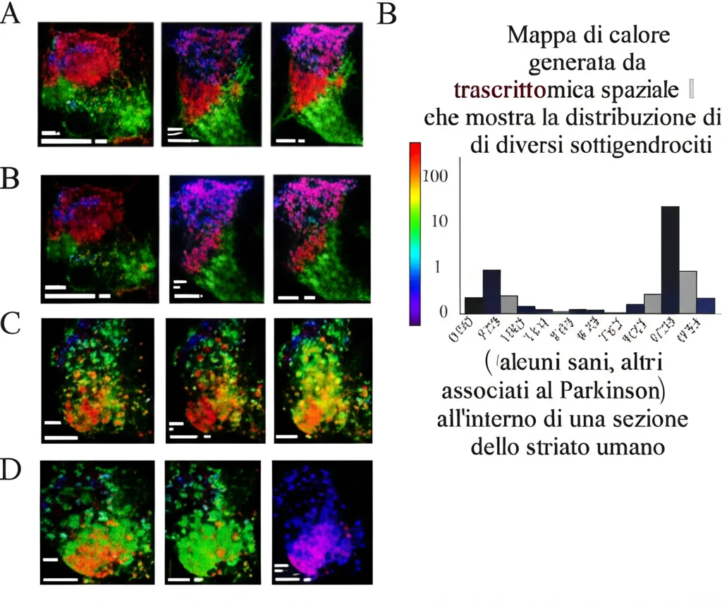 Mappa di calore generata da trascrittomica spaziale che mostra la distribuzione di diversi sottotipi di oligodendrociti (alcuni sani, altri associati al Parkinson) all'interno di una sezione dello striato umano. Colori vivaci per distinguere le popolazioni, alta risoluzione.