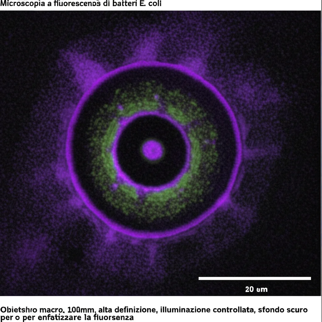 Microscopia a fluorescenza di batteri E. coli che mostrano il pattern di oscillazione delle proteine MinD (verde fluorescente) tra i poli cellulari. Obiettivo macro, 100mm, alta definizione, illuminazione controllata, sfondo scuro per enfatizzare la fluorescenza.