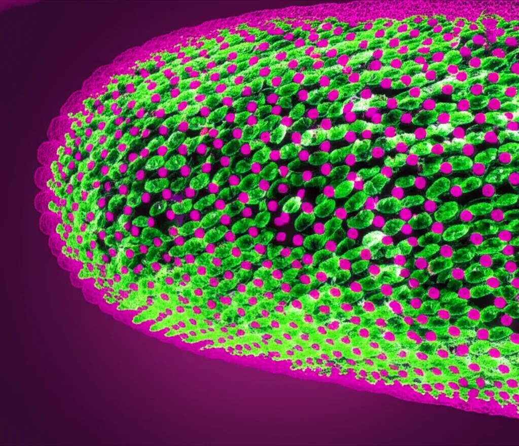Visualizzazione astratta di onde stazionarie (pattern a scacchiera) e viaggianti (linee diagonali) all'interno di una forma cilindrica che rappresenta un batterio E. coli filamentoso. Colori contrastanti (verde e magenta) per le proteine, rendering 3D fotorealistico, profondità di campo per focalizzare su una sezione dell'onda.