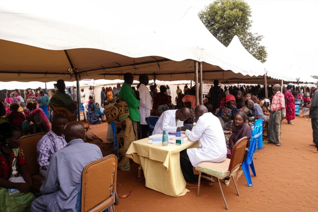 Fotografia grandangolare di un vivace screening visivo comunitario in una zona rurale del Kenya, molte persone in attesa, personale medico al lavoro sotto tende, luce diurna, obiettivo 15mm, messa a fuoco nitida sull'intera scena.